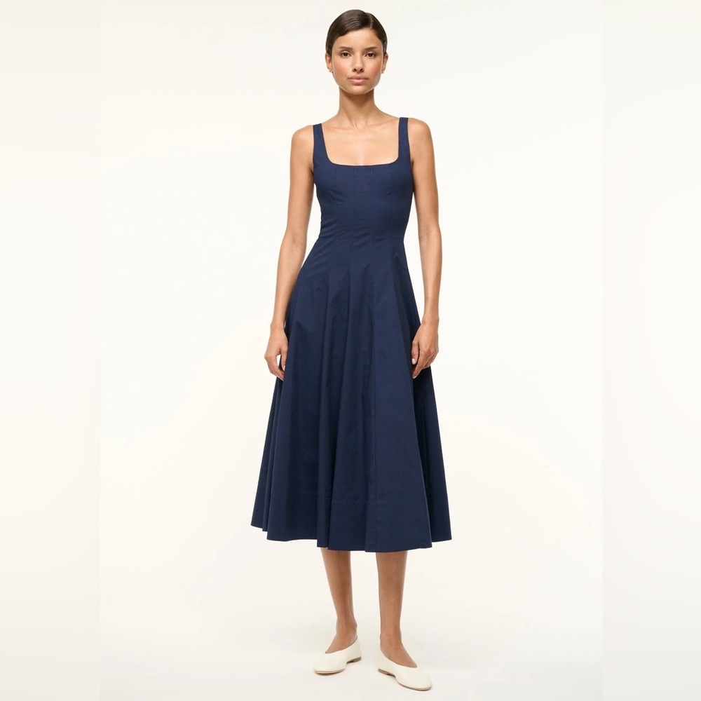 STAUD Navy Square-Neck Midi Dress